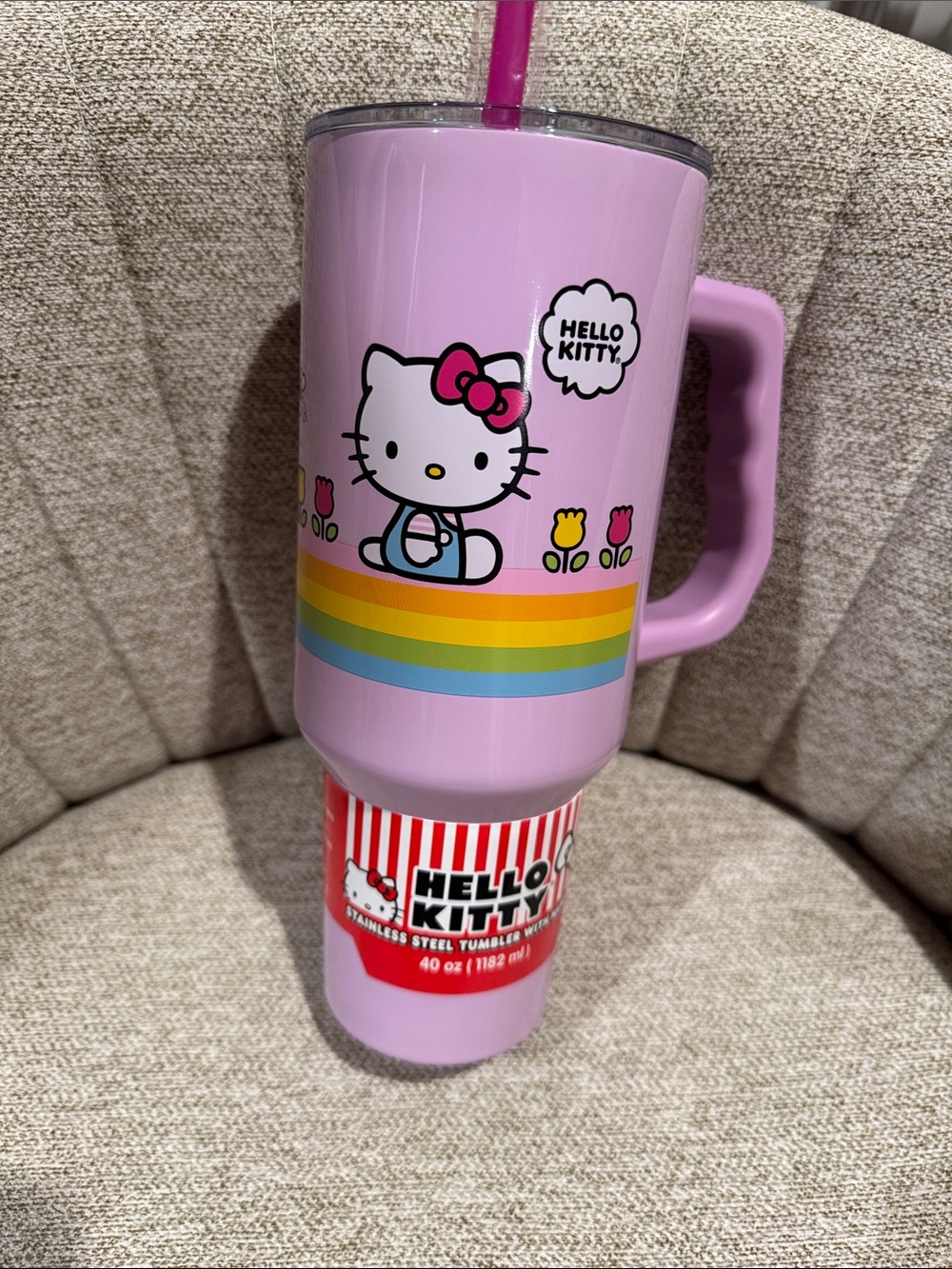 New Hello Kitty Pink Rainbow Travel Tumbler with Handle and Straw 40oz